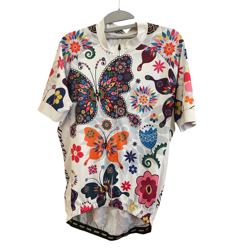 Weimostar Womens Butterfly Floral Cycling Jersey Short Sleeve Full Zip Large